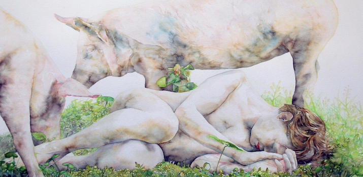 Tegning av naken person som ligger blant griser på en eng.
